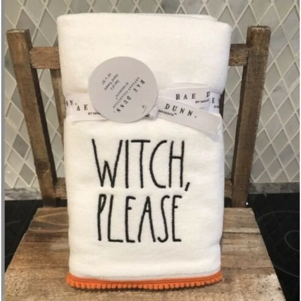 Rae Dunn Halloween WITCH PLEASE 2 Hand Towels w Black Lettering & Orange Trim